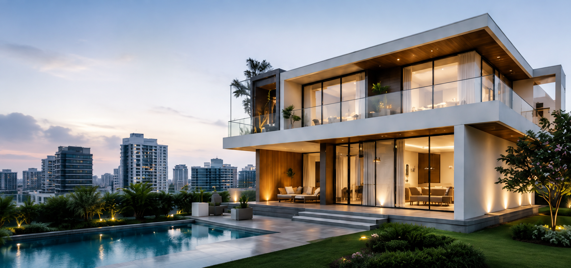 Modern KeysPleaseVenture listed home with pool at dusk